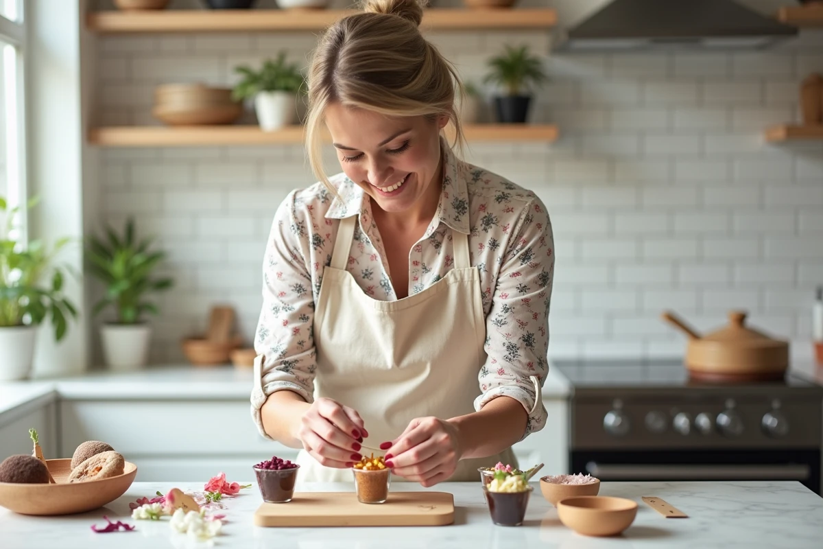 Femme adulte décorant des desserts individuels lors d'une activité d'anniversaire DIY dans une cuisine contemporaine