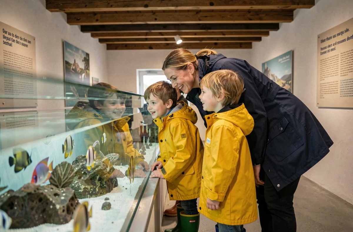 Famille avec enfants découvrant un aquarium lors d'une journée pluvieuse à Berck-sur-Mer, activité intérieure petit budget