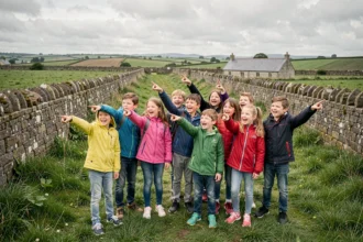 Groupe d'enfants joyeux en excursion dans un paysage breton typique d'Ille-et-Vilaine