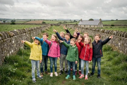 Groupe d'enfants joyeux en excursion dans un paysage breton typique d'Ille-et-Vilaine