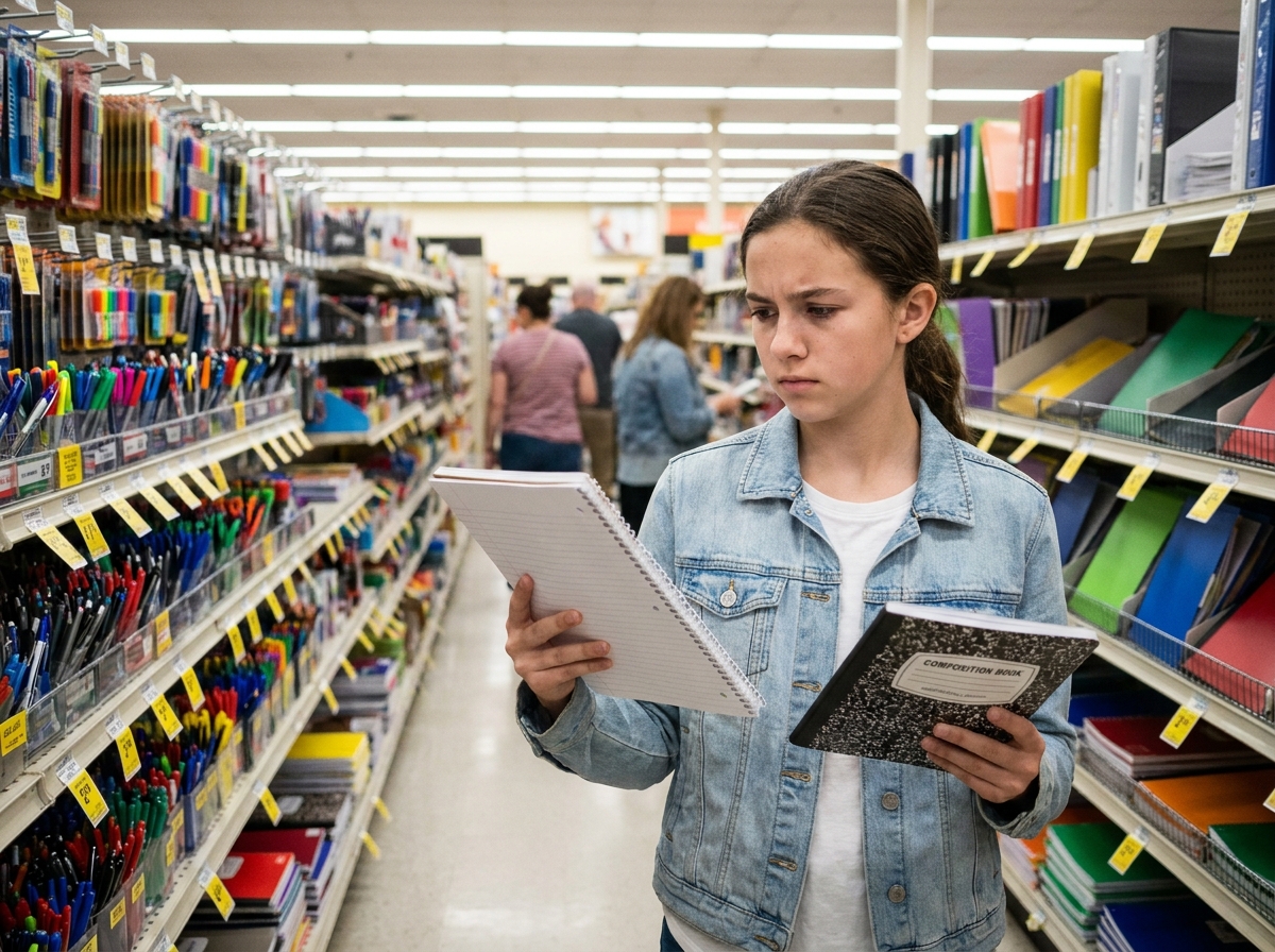 Adolescente qui compare des cahiers scolaires dans le rayon papeterie d'un supermarché pour faire des économies à la rentrée