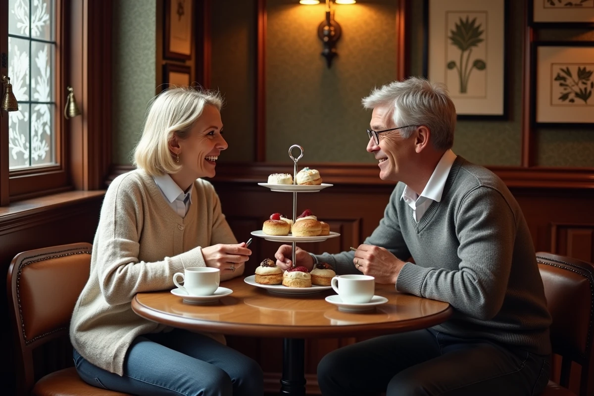 Couple profitant d'un afternoon tea dans un pub traditionnel de Covent Garden à Londres pendant les vacances de printemps