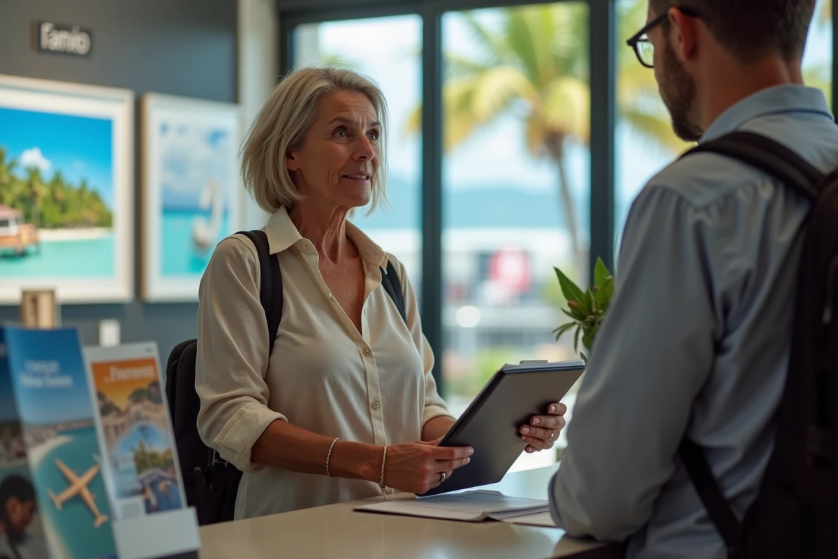 Femme en agence de voyage &agrave; la R&eacute;union avec documents
