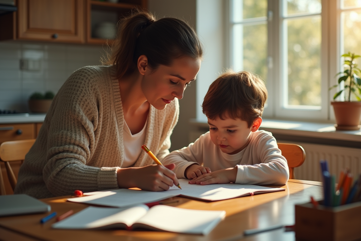 Adulte aidant un enfant avec ses devoirs à la maison chaleureuse