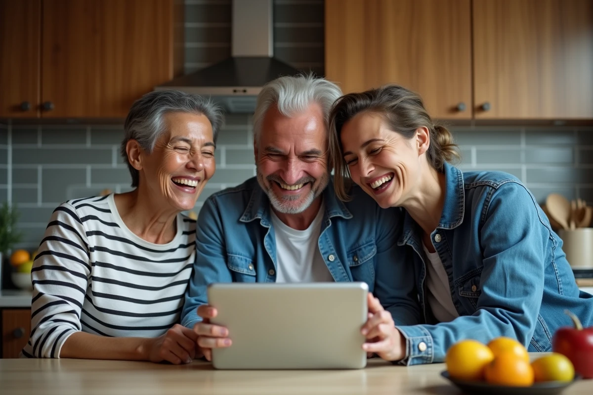 Groupe d'amis riant ensemble en regardant une carte d'anniversaire animée sur une tablette dans une cuisine
