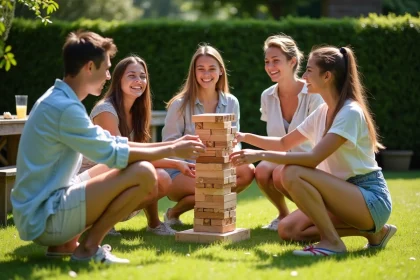 Groupe de jeunes adultes jouant au Jenga géant dans un jardin lors d'une fête d'anniversaire 18 ans en plein air
