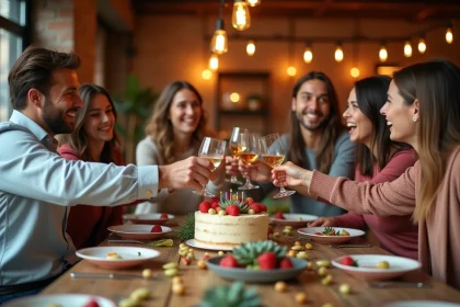 Groupe d'adultes fêtant un anniversaire autour d'une grande table décorée dans un loft avec guirlandes et gâteau naked cake