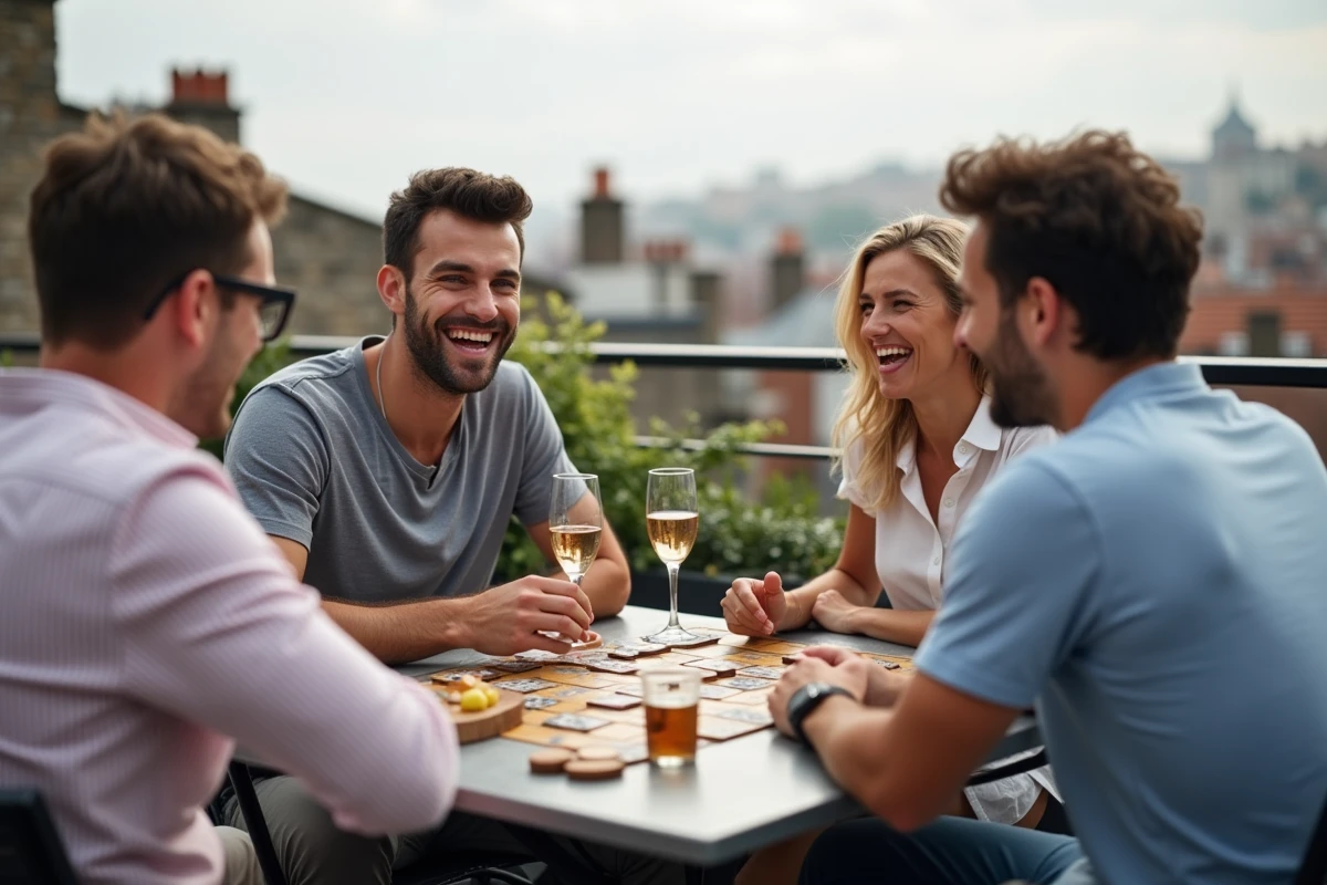 Quatre adultes jouant à un jeu de société lors d'un anniversaire sur une terrasse urbaine avec vue sur les toits de la ville