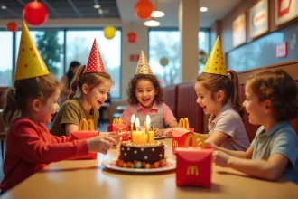 Groupe d'enfants fêtant un anniversaire autour de Happy Meal dans un McDonald's décoré