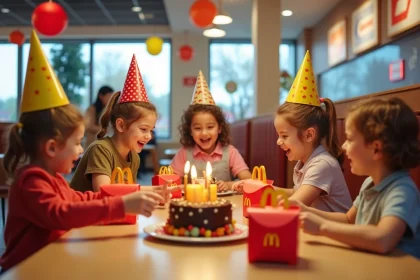 Groupe d'enfants fêtant un anniversaire autour de Happy Meal dans un McDonald's décoré