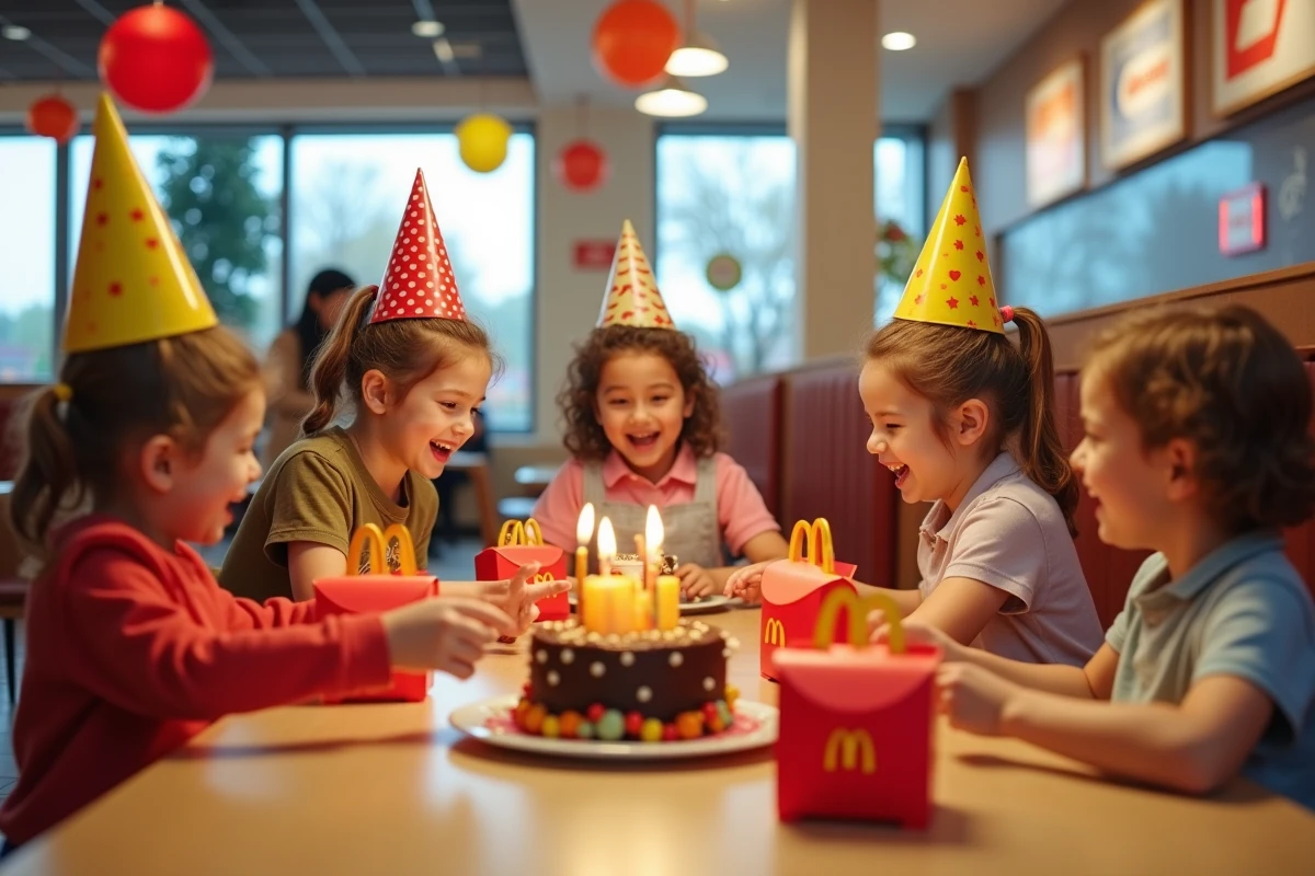 Groupe d'enfants fêtant un anniversaire autour de Happy Meal dans un McDonald's décoré