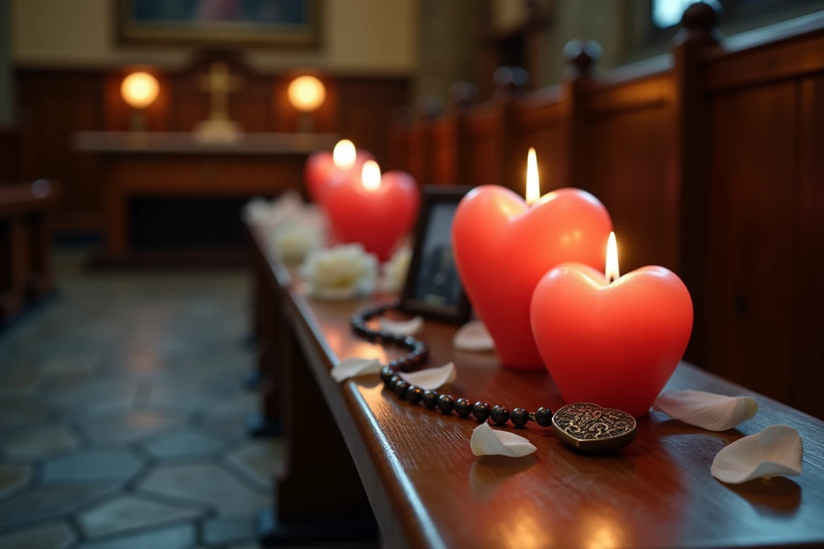 Arrangement de bougies deuil en forme de cœur sur un banc d'église avec chapelet et pétales de roses blanches