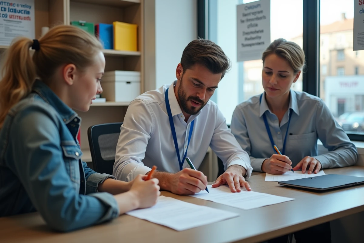 Assistante municipale aidant un père et sa fille à remplir des formulaires