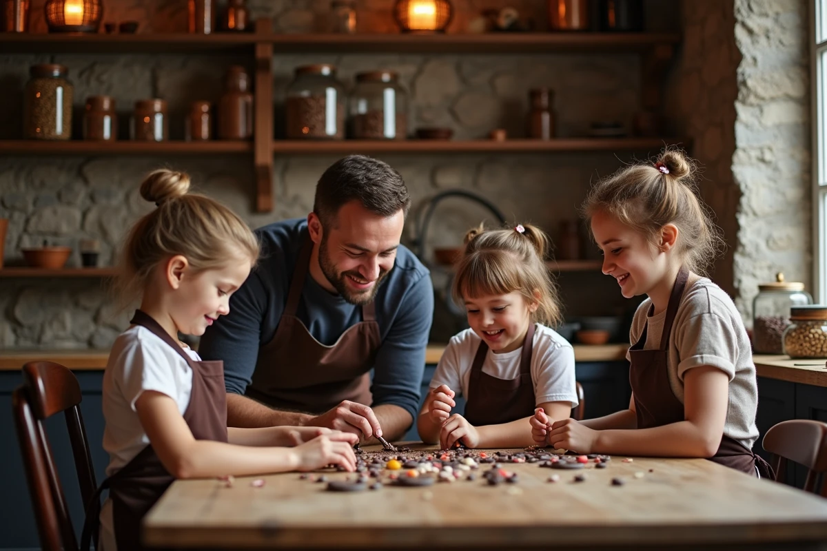 Famille en atelier chocolat dans une chocolaterie artisanale à Toulouse