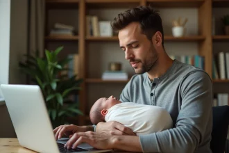 Auto-entrepreneur en congé paternité gérant son activité depuis son bureau à domicile tout en tenant son nouveau-né