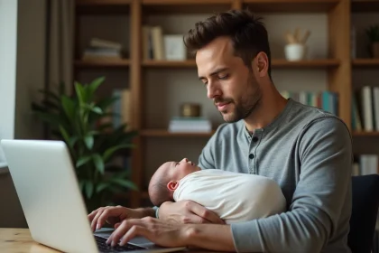 Auto-entrepreneur en congé paternité gérant son activité depuis son bureau à domicile tout en tenant son nouveau-né