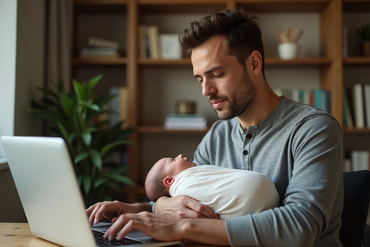 Auto-entrepreneur en congé paternité gérant son activité depuis son bureau à domicile tout en tenant son nouveau-né
