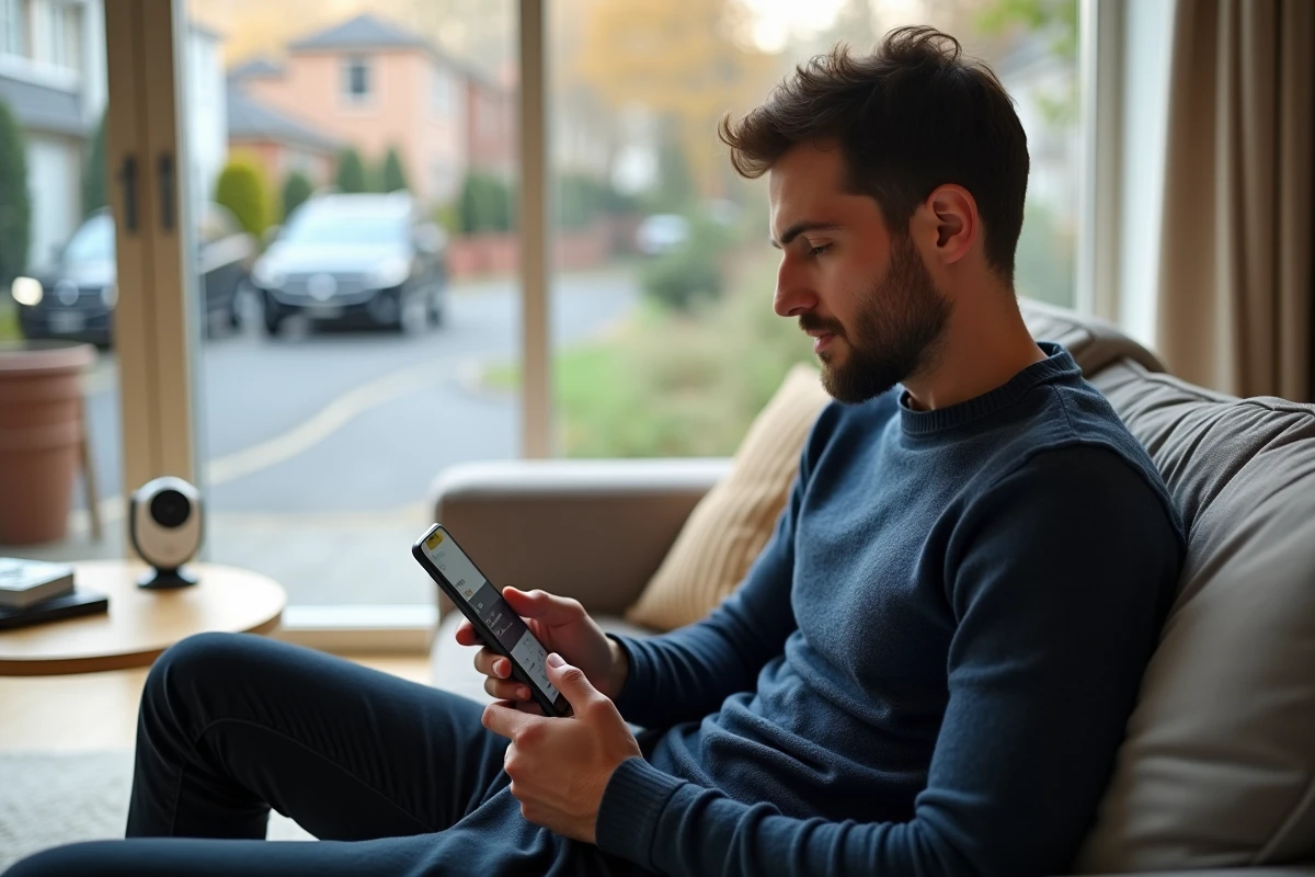 Jeune autoentrepreneur en congé paternité maintenant le contact avec ses clients via son smartphone depuis son salon
