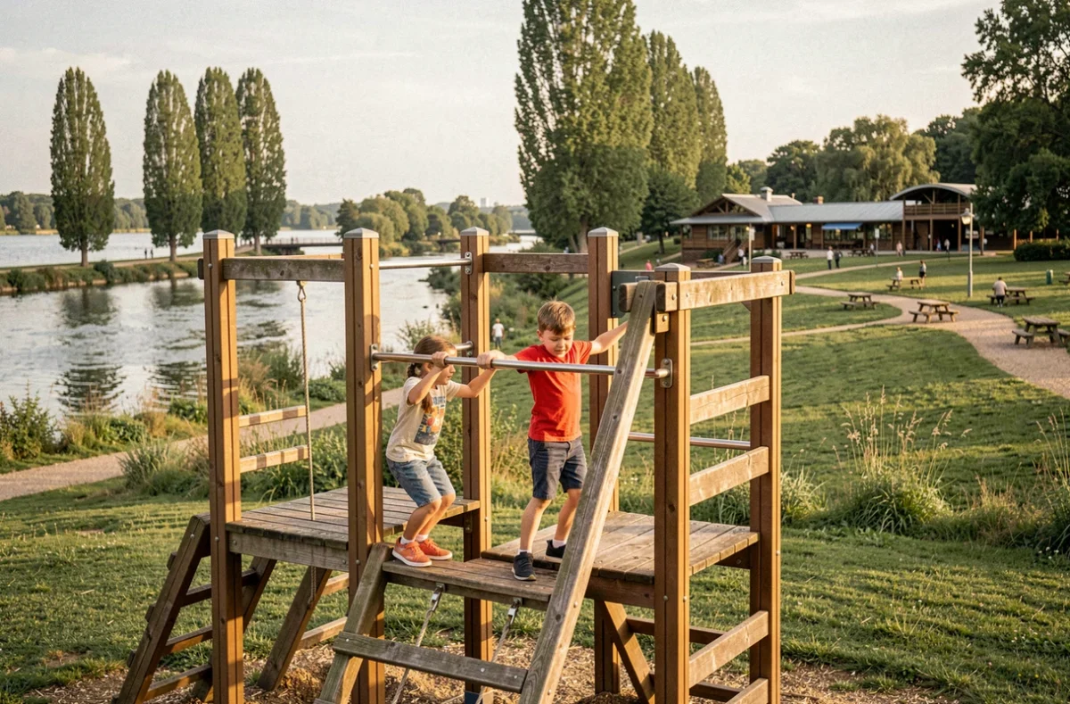 Enfants jouant sur une aire de jeux en bois à la Base de loisirs de Saint-Just-Saint-Rambert, près de la Loire