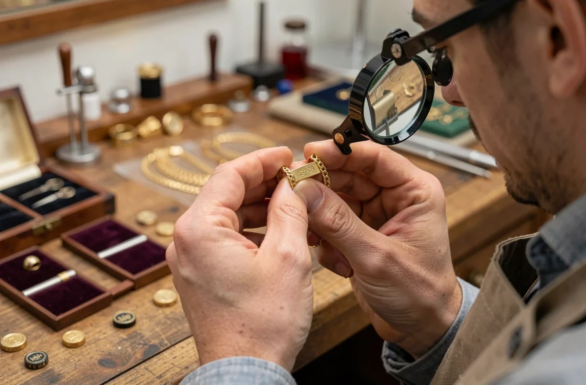 Bijoutier examinant une gourmette en or pour baptême avec loupe dans un atelier de joaillerie