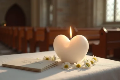 Bougie deuil en forme de cœur posée sur un autel d'église lors d'une cérémonie religieuse funèbre