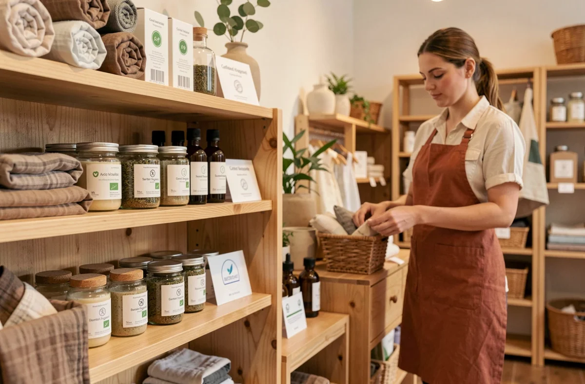 Boutique écoresponsable de puériculture avec des produits bio pour bébé exposés sur des étagères en bois naturel