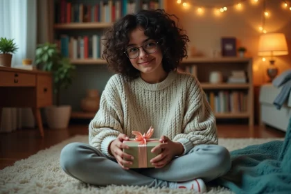 Adolescente introvertie déballant un cadeau dans sa chambre cosy entourée de livres et de plantes