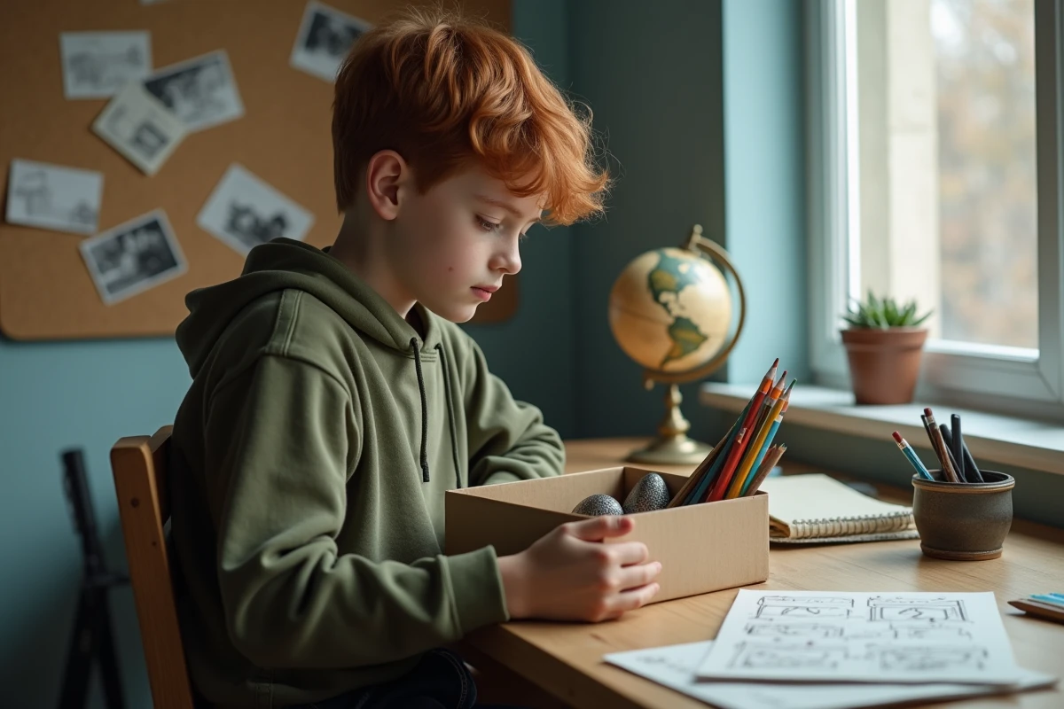 Adolescent timide découvrant des fournitures artistiques comme cadeau dans une chambre minimaliste