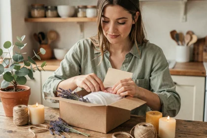 Femme préparant un cadeau de naissance éthique avec des matériaux naturels et emballage écologique en kraft
