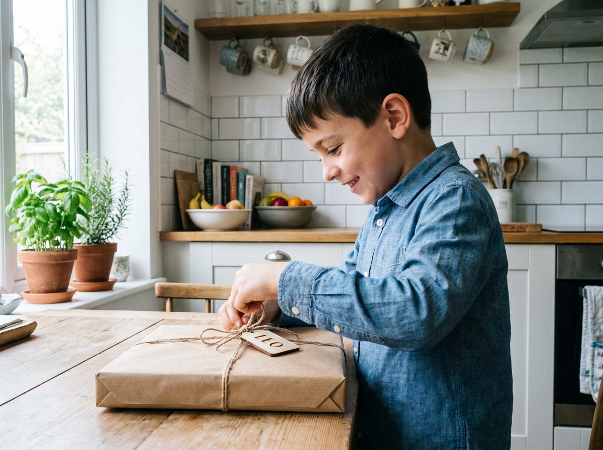 Garçon déballant un cadeau en papier kraft avec une étiquette en bois gravée à son prénom sur une table de cuisine
