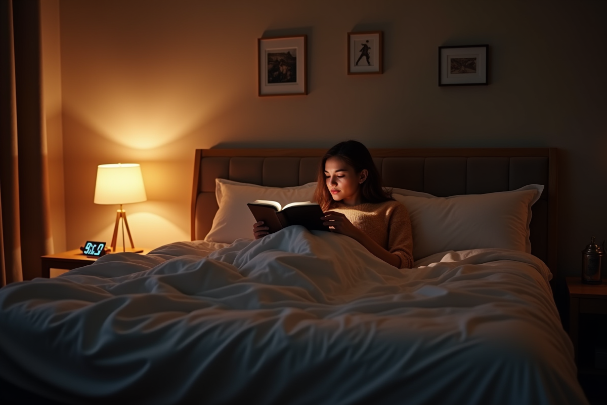 Chambre chaleureuse avec lit fait et personne lisant