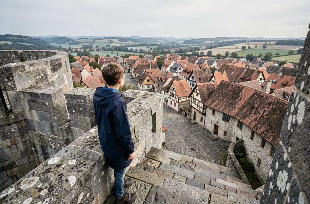 Un garçon contemple la ville médiévale depuis les remparts du Château de Fougères