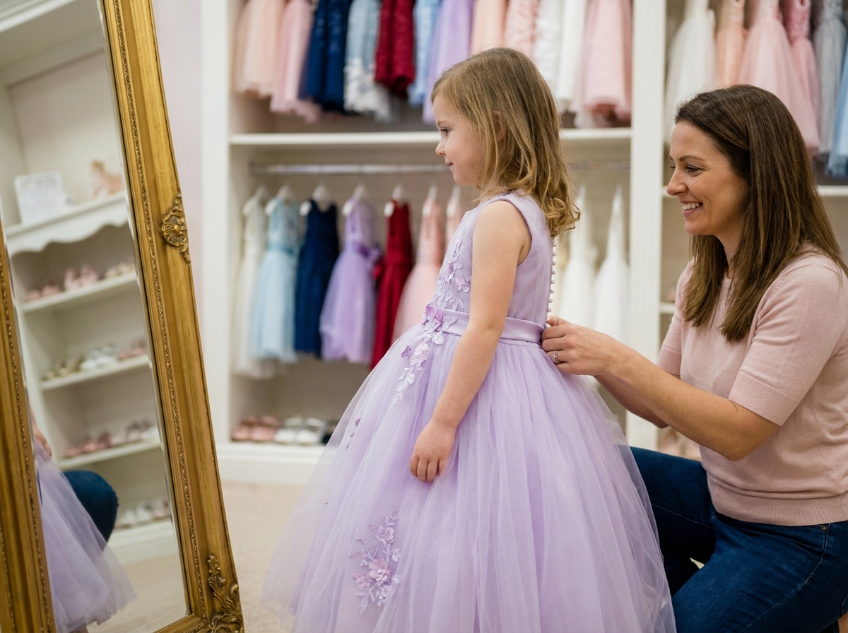 Mère aidant sa fille à essayer une robe de princesse lavande dans une boutique de vêtements pour enfants