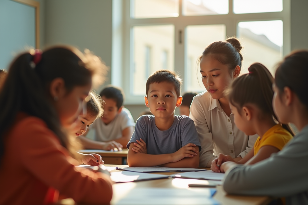 Classe diversifiee avec un enfant frustré et enseignant attentionne