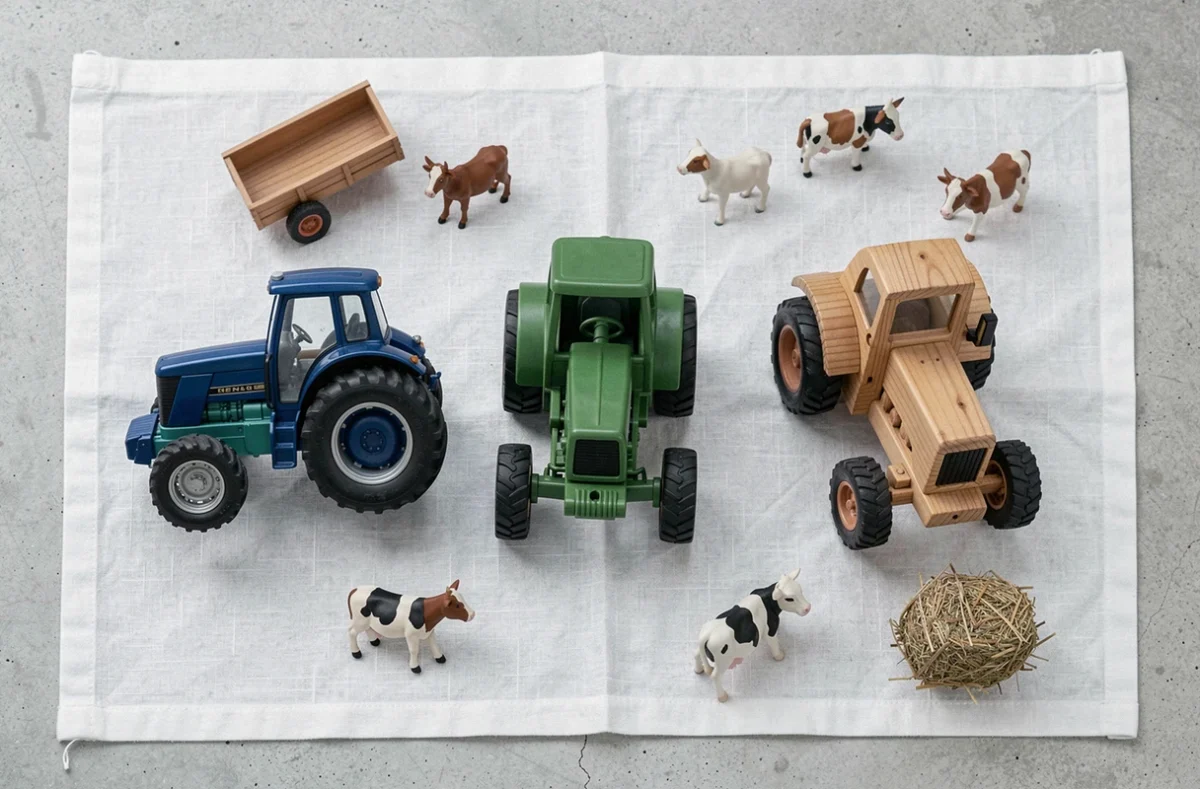 Comparaison de trois jouets tracteurs agricoles différents — métal, plastique et bois — disposés en flat-lay sur tissu blanc avec accessoires de ferme miniatures