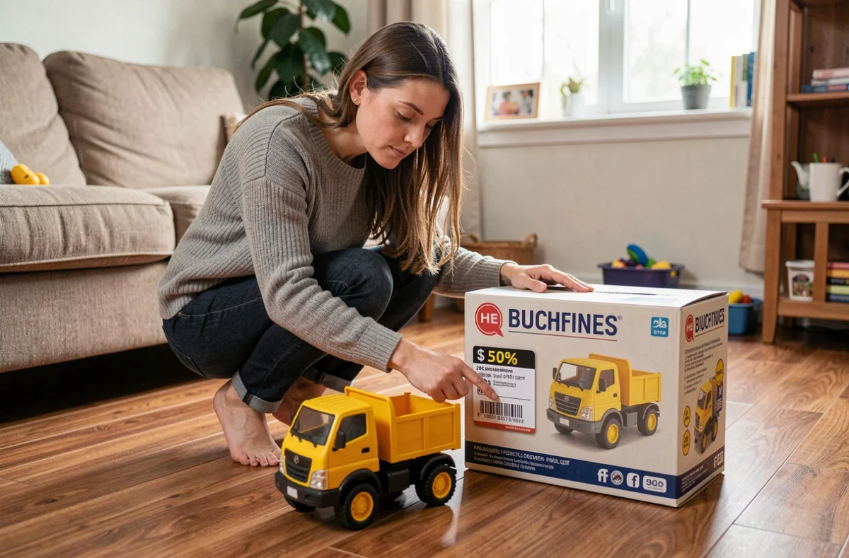 Mère comparant le prix d'un camion électrique pour enfant dans un salon familial