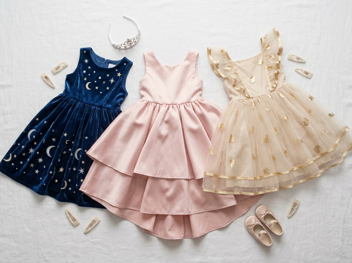 Trois robes de princesse pour fillette disposées en flat lay avec accessoires de fête sur fond de lin blanc