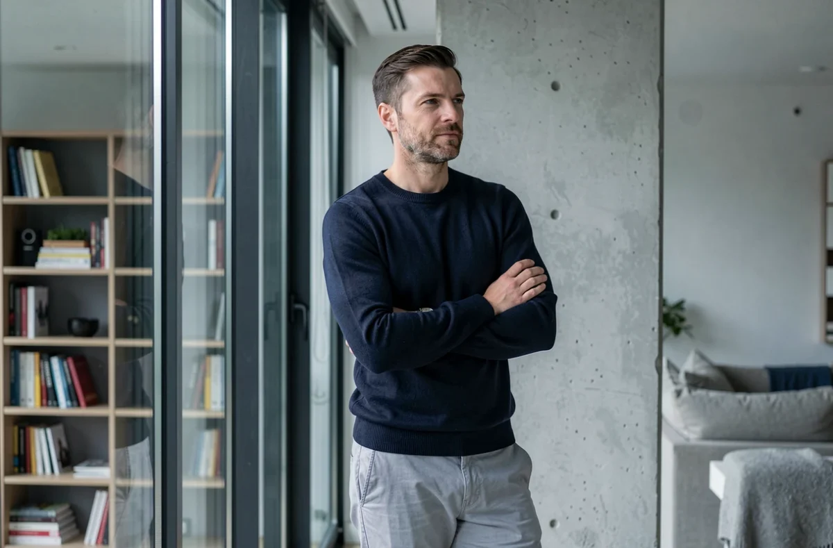 Homme discret dans un appartement moderne, symbolisant l'anonymat et la vie privée du conjoint d'une personnalité publique