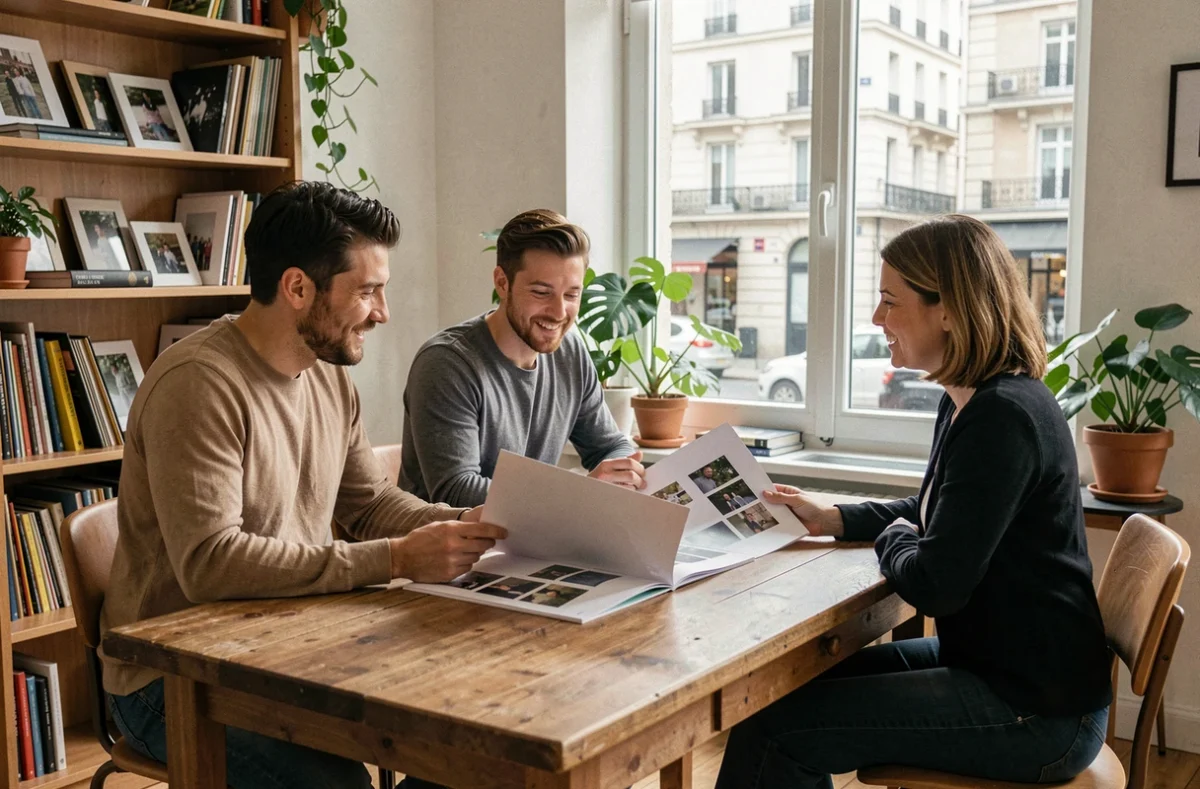 Consultation entre un couple et une photographe pour choisir le bon prestataire à Montluçon