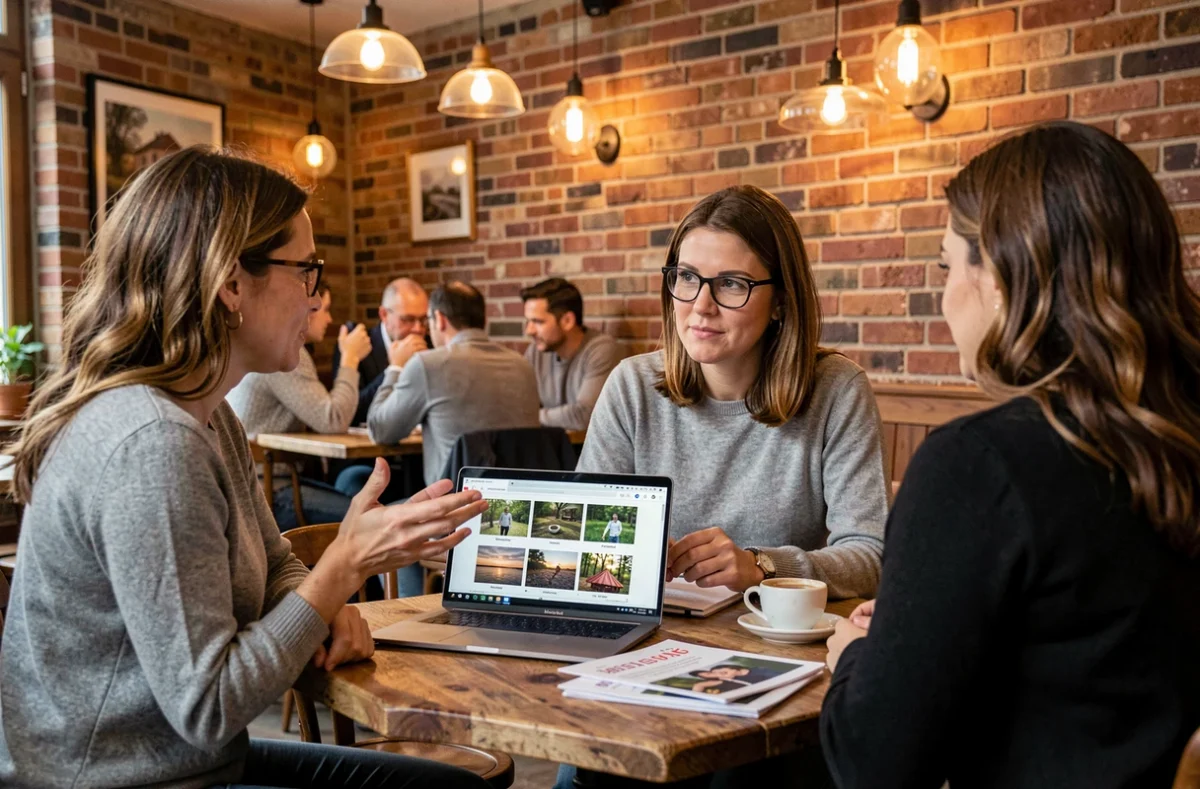 Photographe discutant des tarifs et d'un portfolio avec des clients dans un café à Lamballe