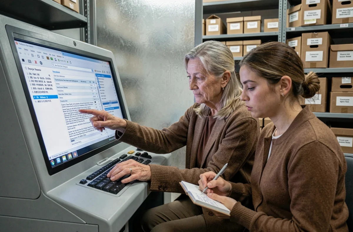 Deux généalogistes consultant des registres paroissiaux numérisés sur un lecteur de microfilms dans des archives départementales françaises