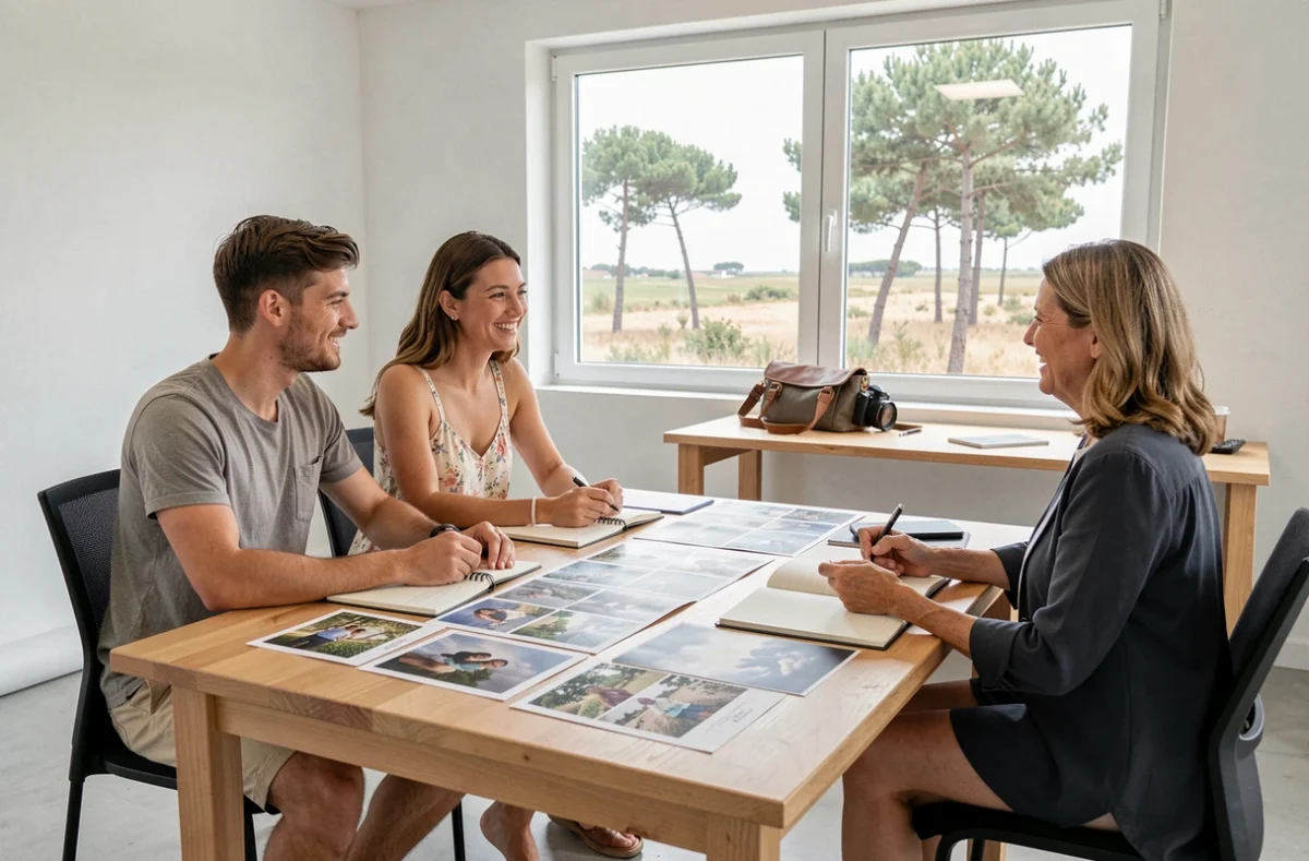 Couple en consultation avec une photographe professionnelle pour réserver une séance photo à Gujan-Mestras