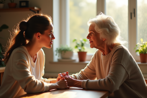 Femme et mère discutent avec empathie à la cuisine