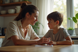 Parent et enfant discutent calmement à la table de cuisine