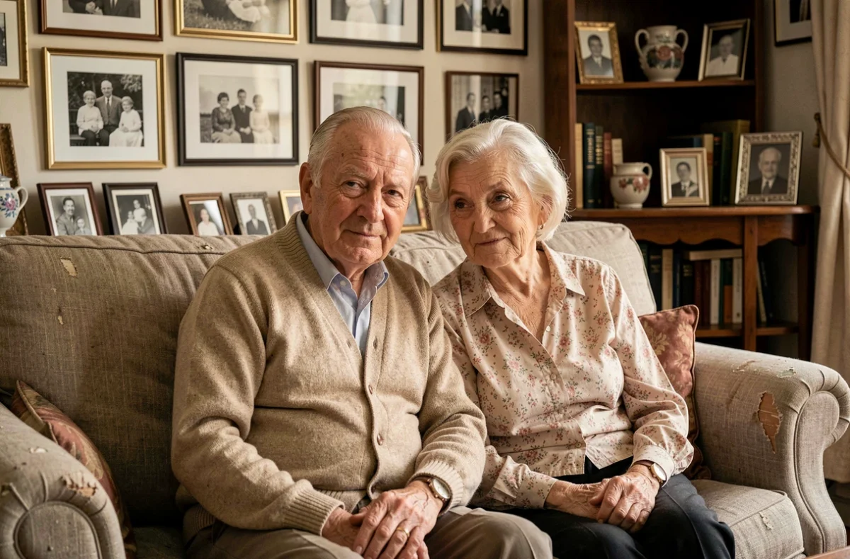 Couple de personnes âgées assis dans un salon vintage entouré de photos de famille en noir et blanc, évoquant l'héritage culturel et les origines