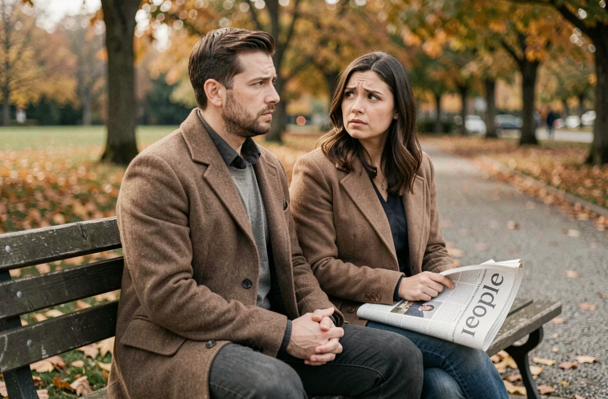 Couple sur un banc de parc avec une expression préoccupée, évoquant la pression médiatique et l'exposition publique des relations amoureuses
