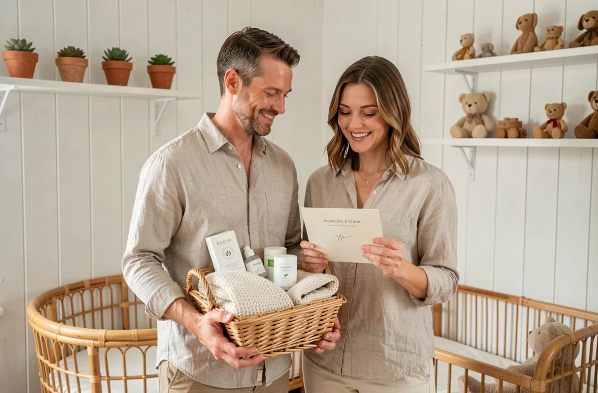 Couple dans une chambre de bébé scandinave tenant un panier cadeau de naissance bio et écoresponsable