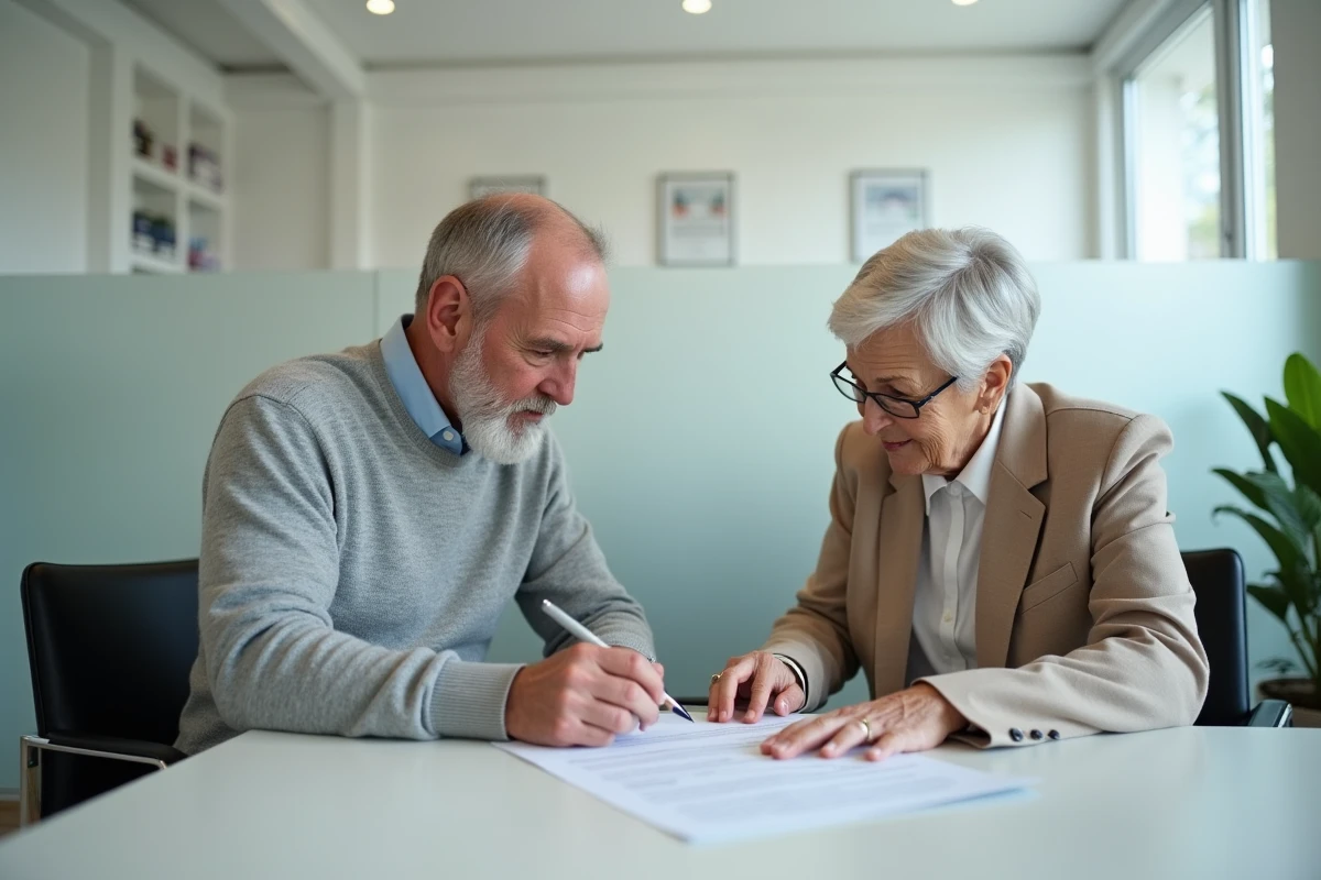 Couple de seniors en consultation chez le notaire examinant un devis de frais pour la rédaction d'un testament