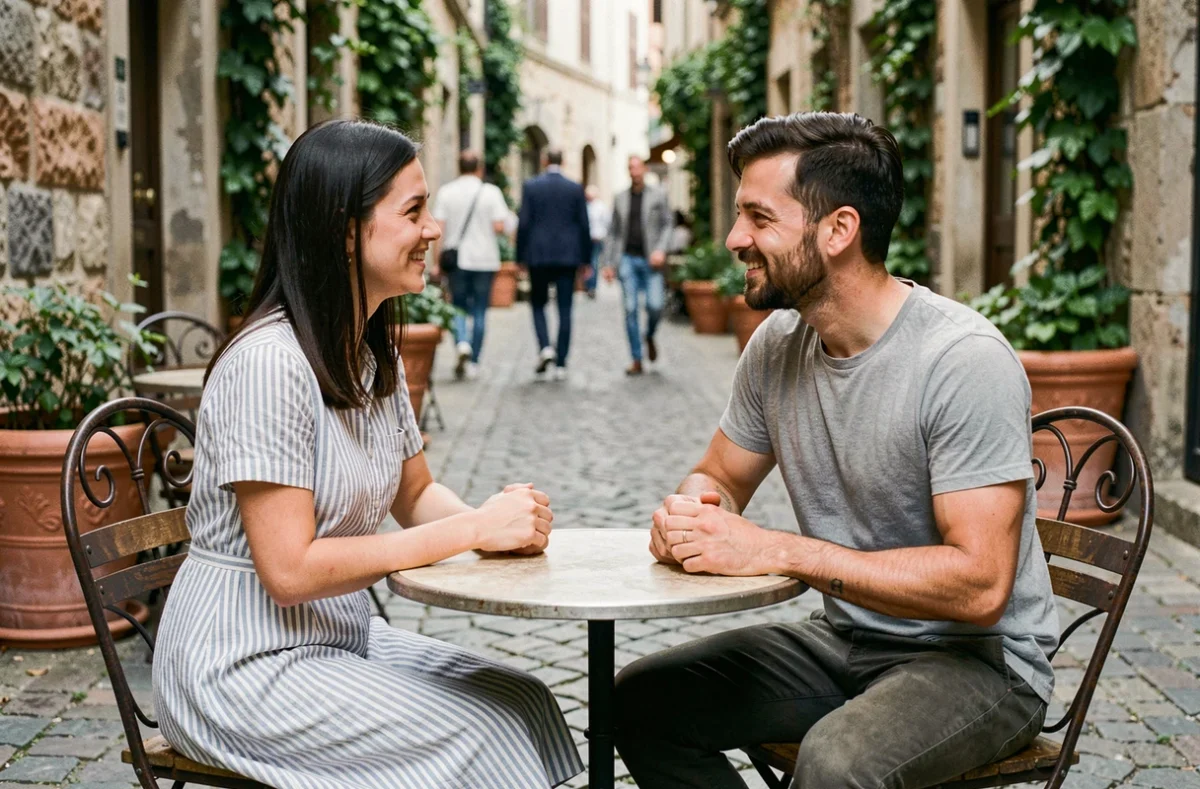 Couple complice discutant autour d'un café en terrasse, illustrant une relation amoureuse épanouie et équilibrée