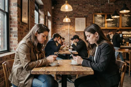 Couple de jeunes adultes assis dans un café, chacun regardant son téléphone, illustrant la distance émotionnelle à l'ère numérique